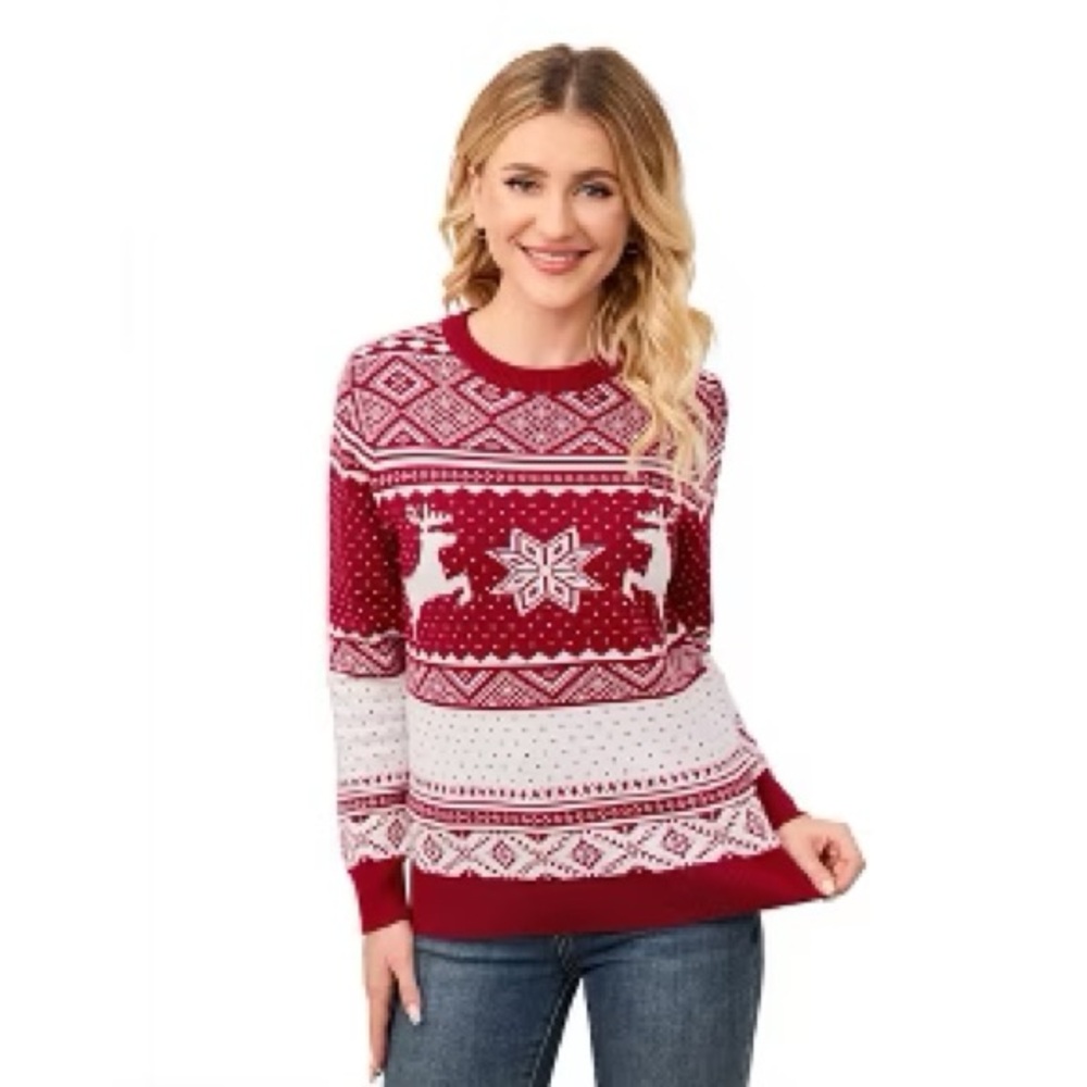 This is a MISSKY Family Christmas Sweater with a reindeer and snowflake pattern.